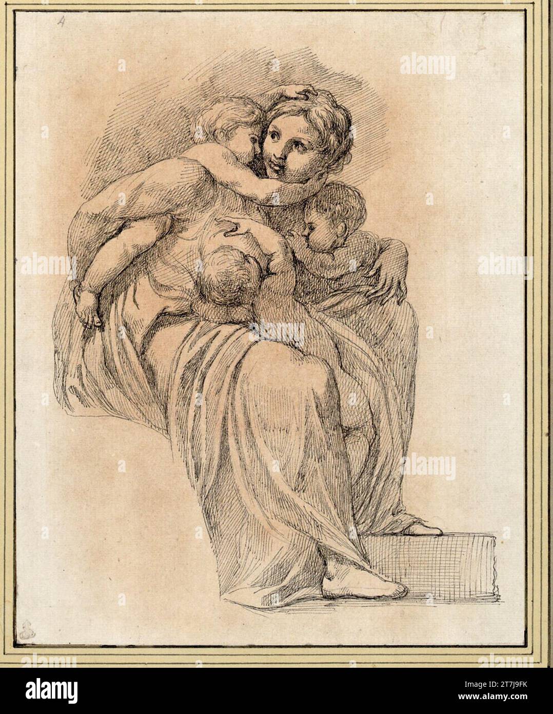 Giuseppe Cades mère avec trois enfants. FEDER, encre, essuyé lettres rougeâtres Drittel des 18. Centurys Banque D'Images