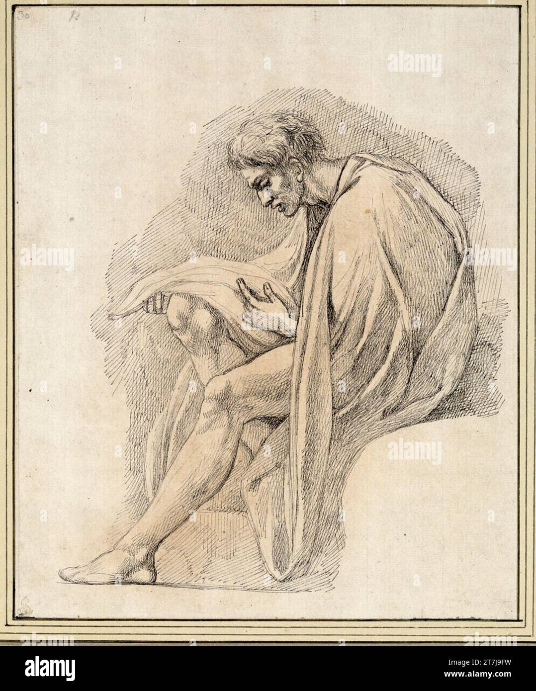 Giuseppe Cades Draperest Etude par un homme assis. FEDER, encre, rougeâtre, essuyé lettres Drittel des 18. Centurys Banque D'Images