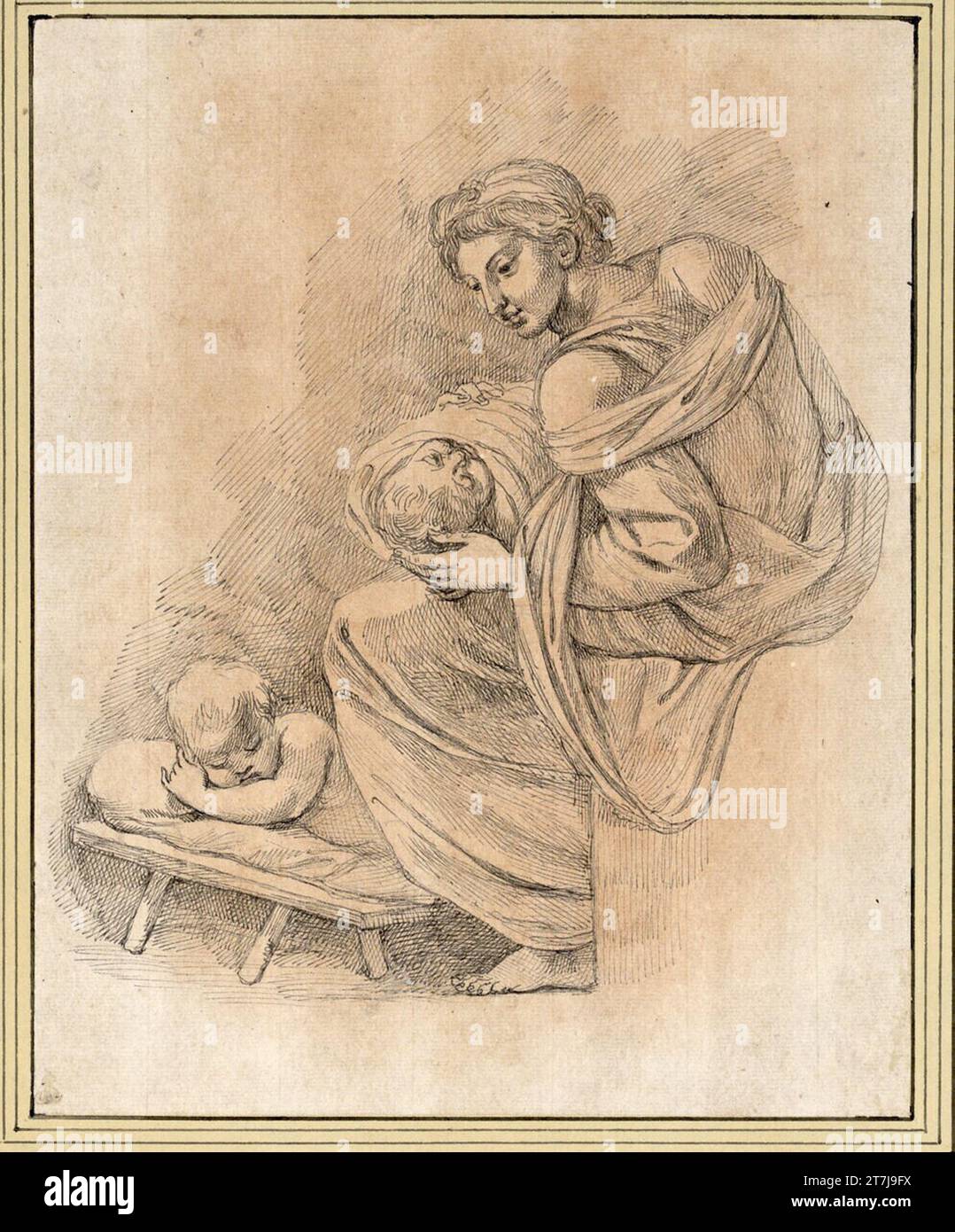 Giuseppe Cades mère avec deux enfants. FEDER, encre, essuyé lettres rougeâtres Drittel des 18. Centurys Banque D'Images