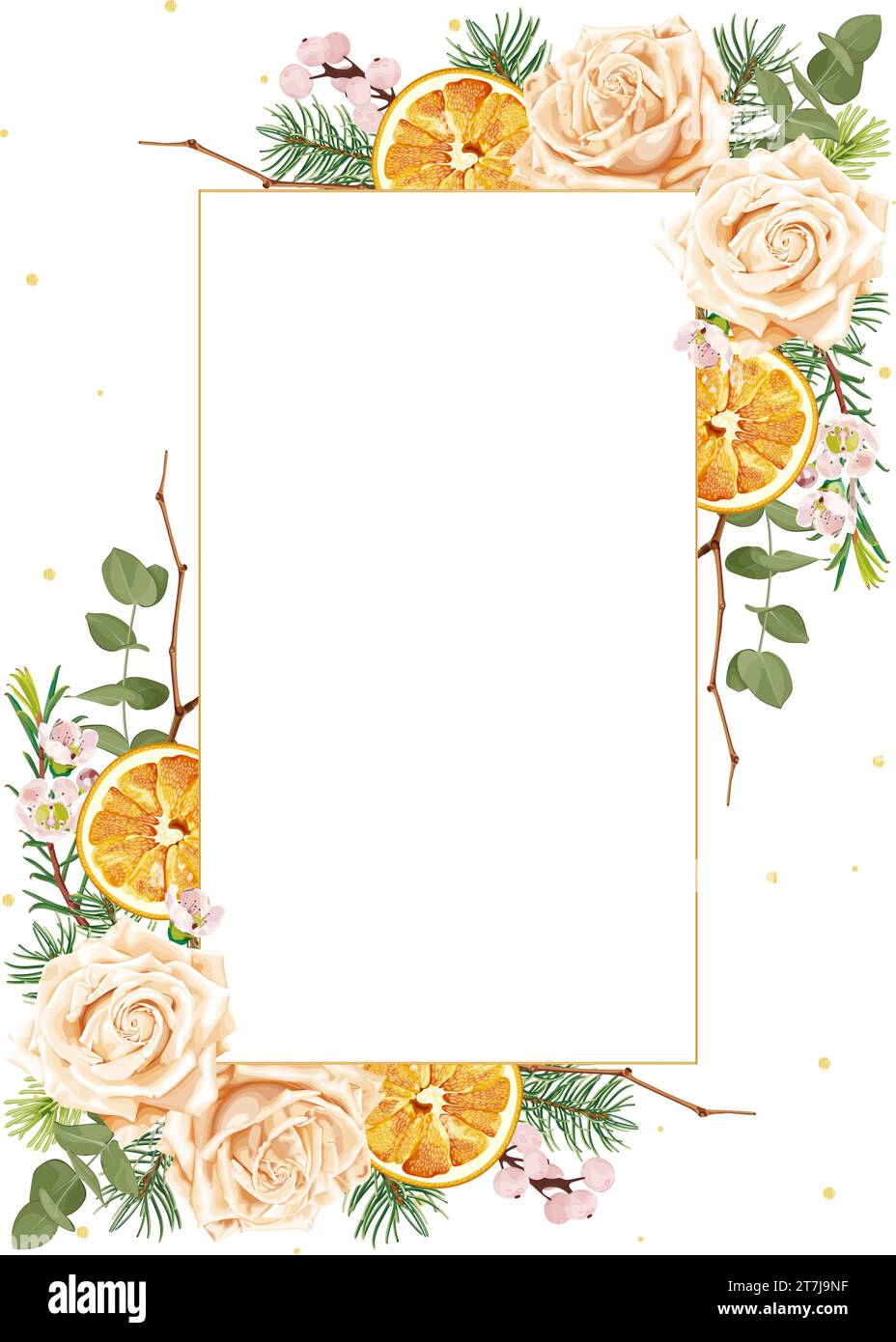 Cadre de Noël pour invitation, carte de voeux, bannière, avec fleur rose, orange séchée, sapin, eucalyptus et baies. Illustration de Vecteur