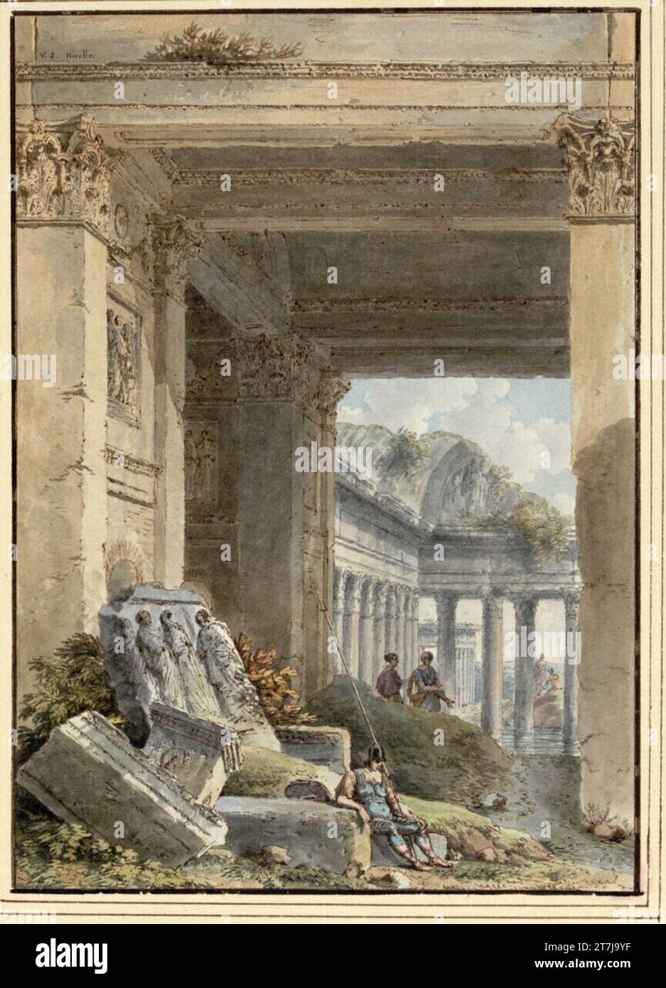 Victor Jean Nicolle Ruinercate. FEDER en marron, aquarelle Banque D'Images