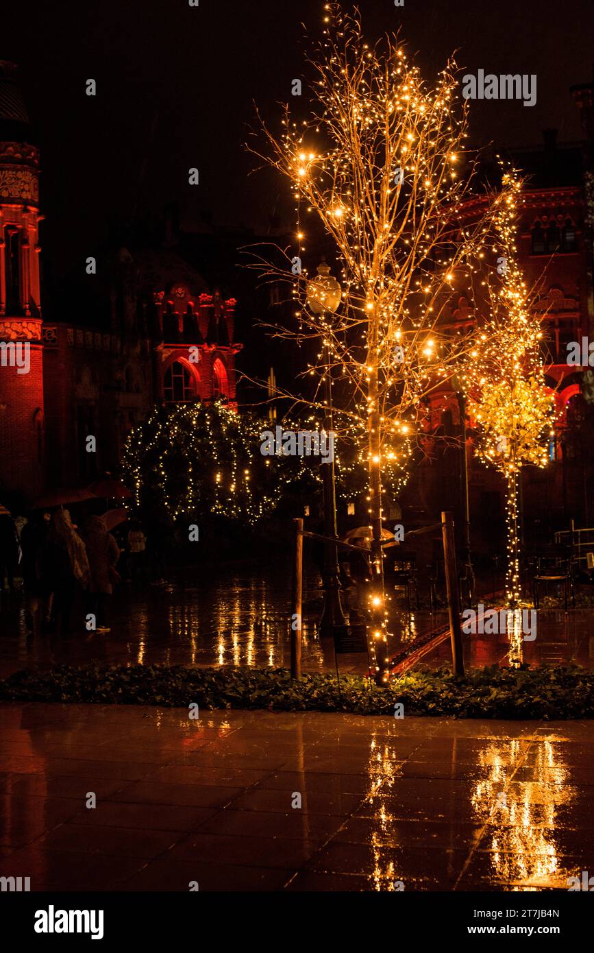 Noël sous la pluie : la magie nocturne se déploie alors que les lumières festives dansent sur les arbres mouillés, projetant des reflets enchanteurs sur le sol scintillant. Banque D'Images
