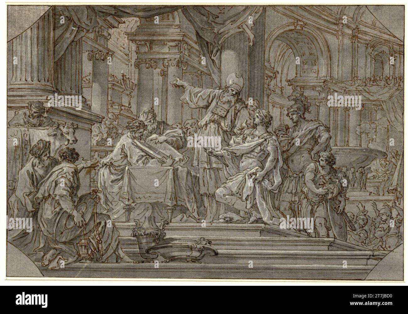 Sebastiano Conca Alexander sacrifices dans le temple de Jérusalem. FEDER, gris-lavé, blanc rehaussé, carré vers 1735 Banque D'Images