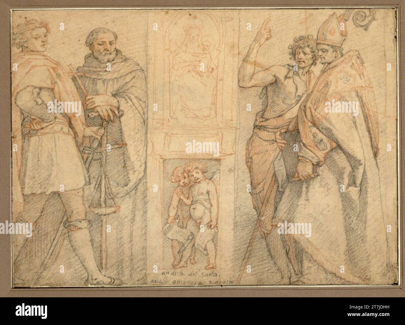 Federico Zuccari dans la photo de Madonna du milieu, y compris deux putten avec un ligament vide ; Saints Michel, Giovanni Gualberto, Johannes et Bernardino Degli Uberti des deux côtés. Craie ; craie rouge ; papier brunâtre Banque D'Images