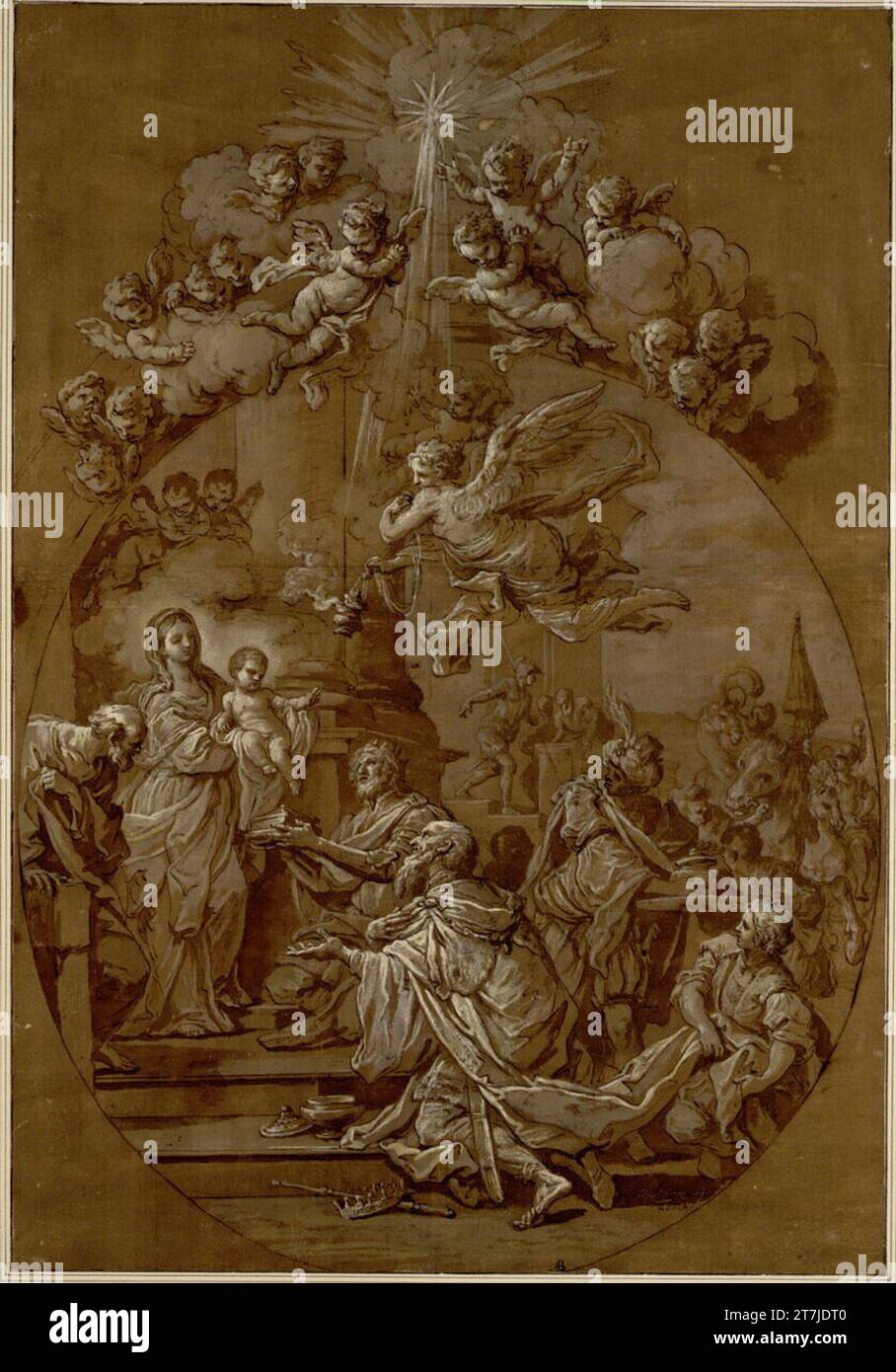 Sebastiano Conca adoration des rois. Plume ; lavée ; jaune et blanc rehaussé ; papier brun apprêté Banque D'Images