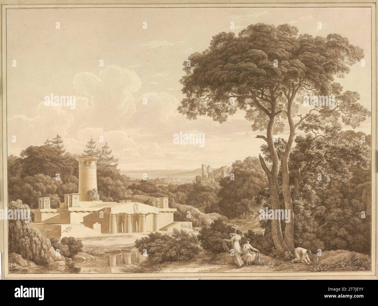 Jacob Wilhelm Mechau projet pour un monument Schiller, situé dans un paysage idéal. FEDER en noir, pinceau en brun et jaune -brun, lavé, sur crayon 1806 , 1806 Banque D'Images