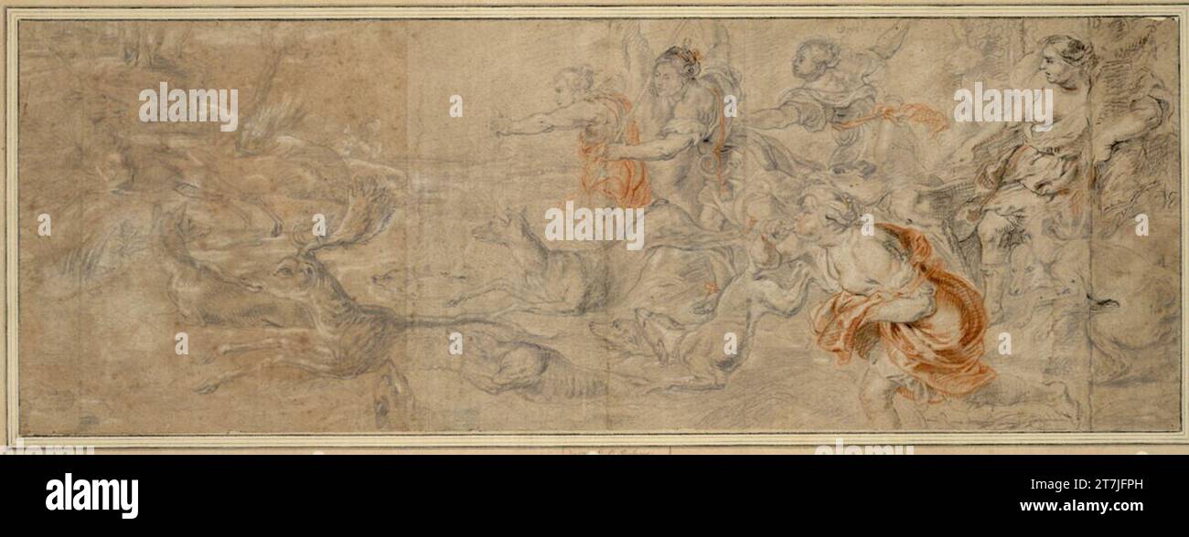 Anonym Diana chasse de Diana. Crayon graphitique, rougeâtre, craie noire et blanche, sur papier brunâtre Banque D'Images