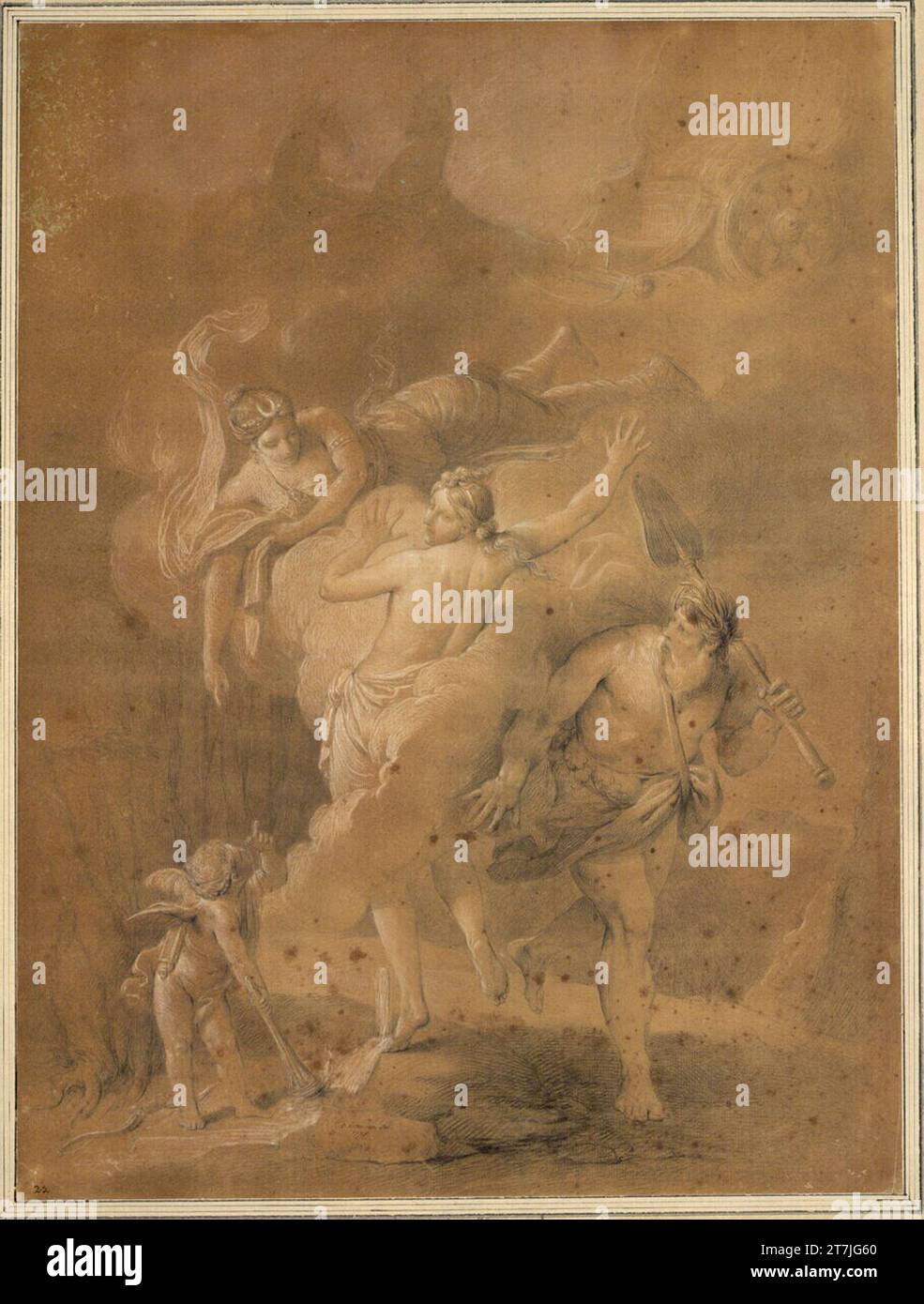 Charles François Hutin Diana recouvre la nymphe Arethusa d'un nuage devant le dieu Alphelos. Craie noire, pinceau, brun lavé, blanc rehaussé 1775 , 1775 Banque D'Images