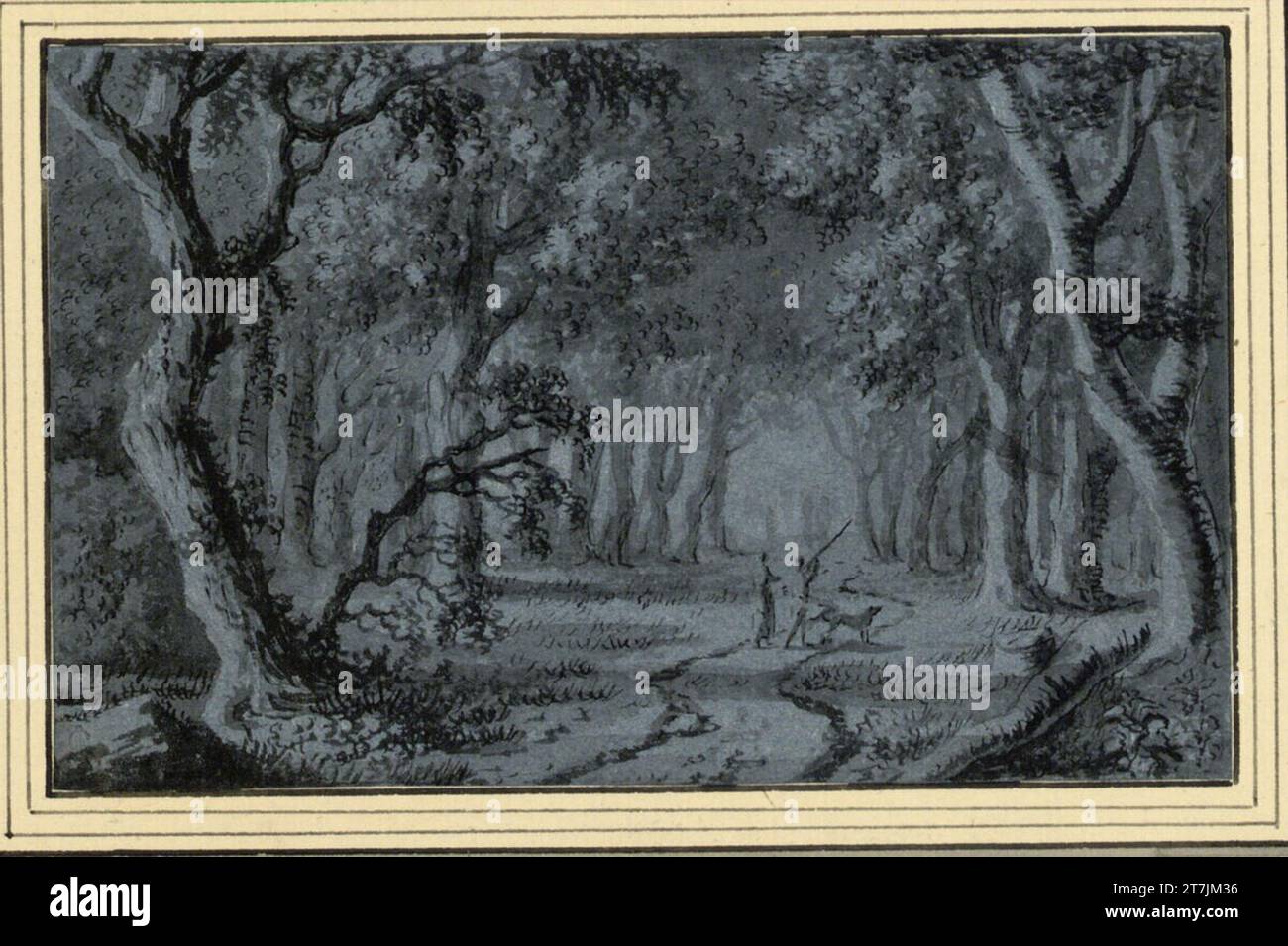 Jean Philippe Sarazin Paysage forestier avec 2 chasseurs et chiens. FEDER, encre, lavée, sur papier bleu Banque D'Images