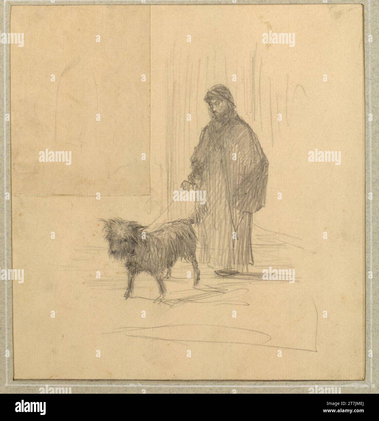 Rudolf Bacher Vieille femme, un grand pintscher en laisse. Crayon Banque D'Images