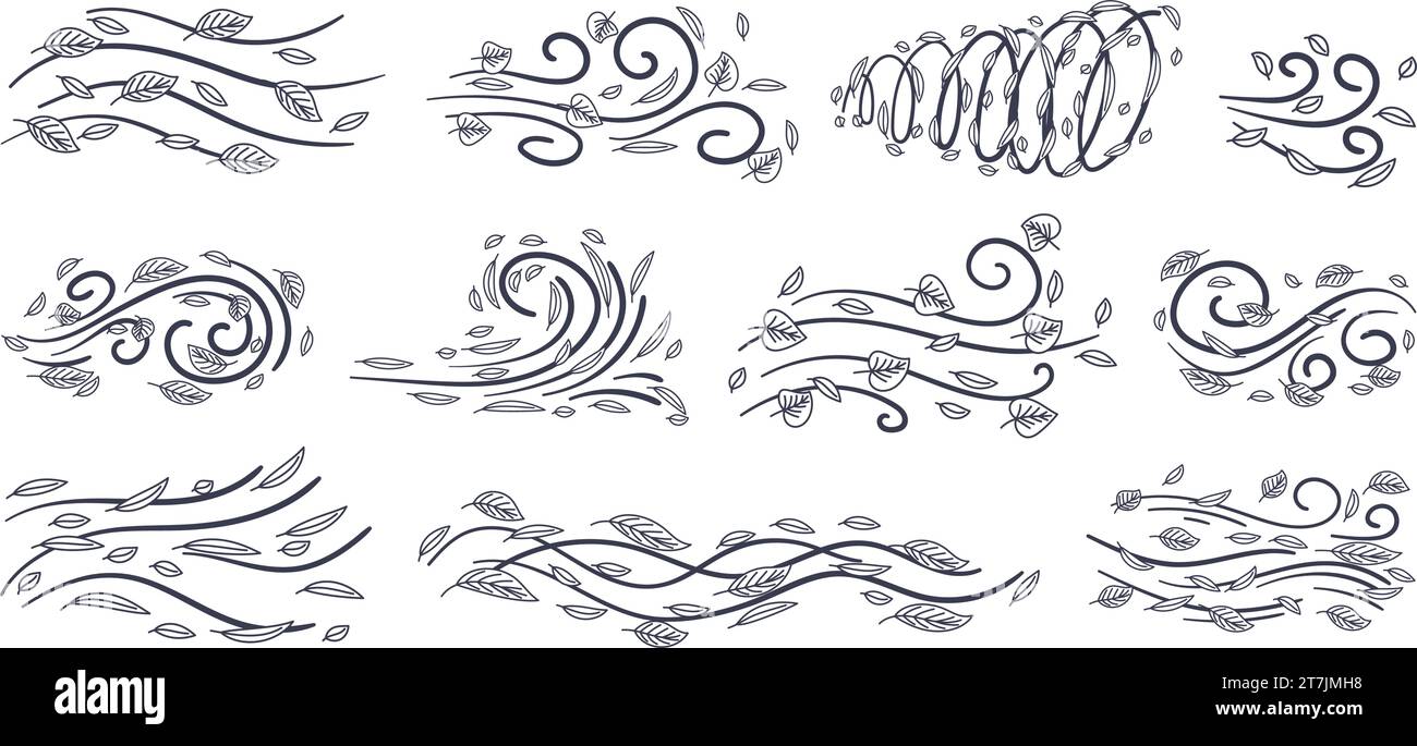 Ligne de mouvement de vent de style comics doodle avec collection de feuilles. Seson d'automne, couleur noir et blanc. Jeu d'illustrations vectorielles dessinées à la main Illustration de Vecteur