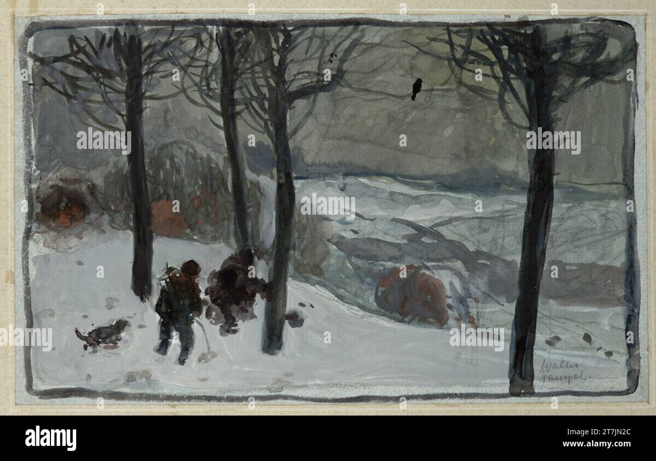 Sigmund Walter Hampel Groupe de chasseurs dans une forêt d'hiver. Aquarelle sur papier Banque D'Images