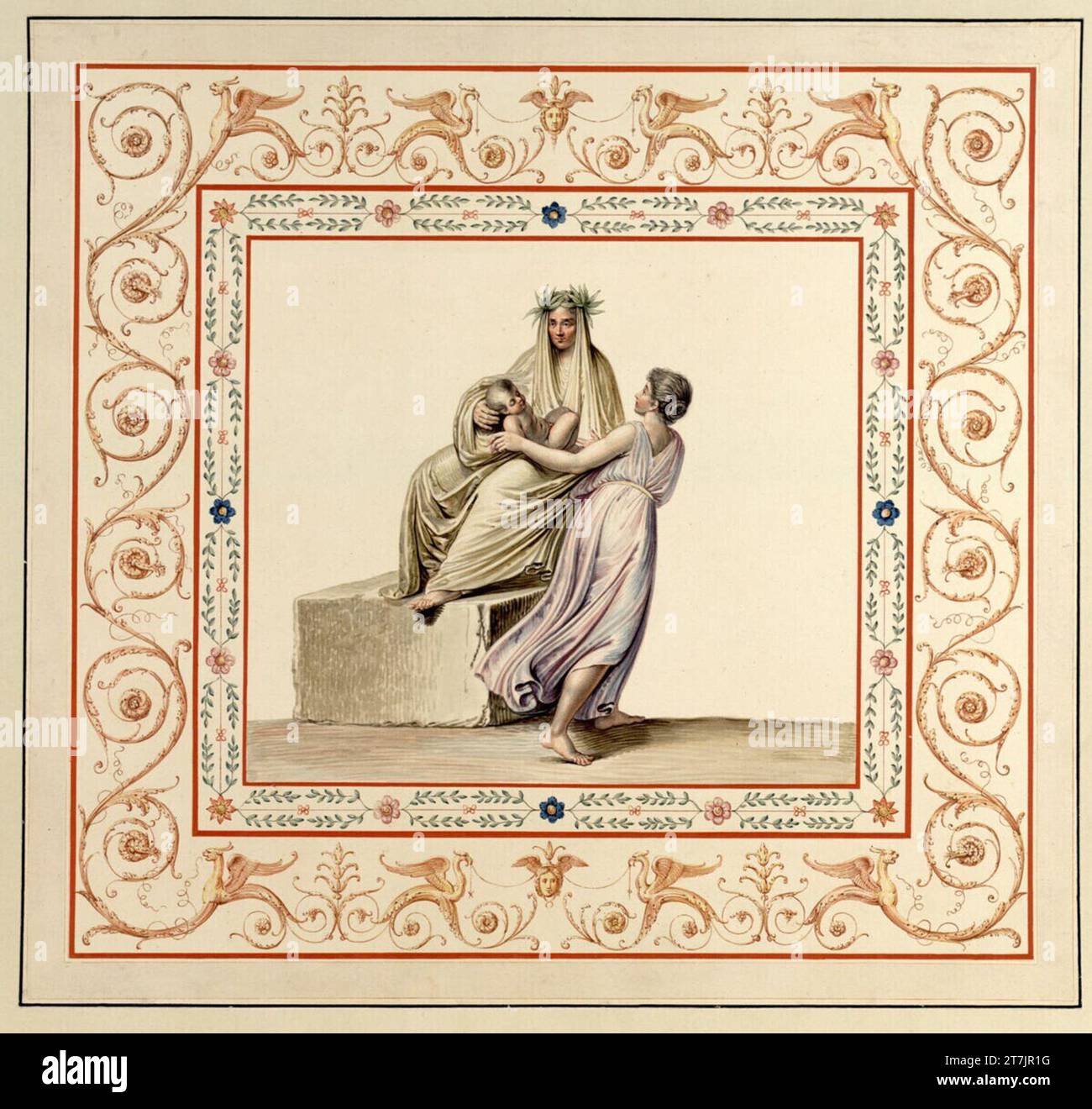 Vincenzo Brenna tableaux d'illustration pour le grand groupe folio 'Vestigia delle terme di Tito e loro images internes' : vieille femme avec enfant. Aquarelle, couleurs de couverture autour de 1780 Banque D'Images