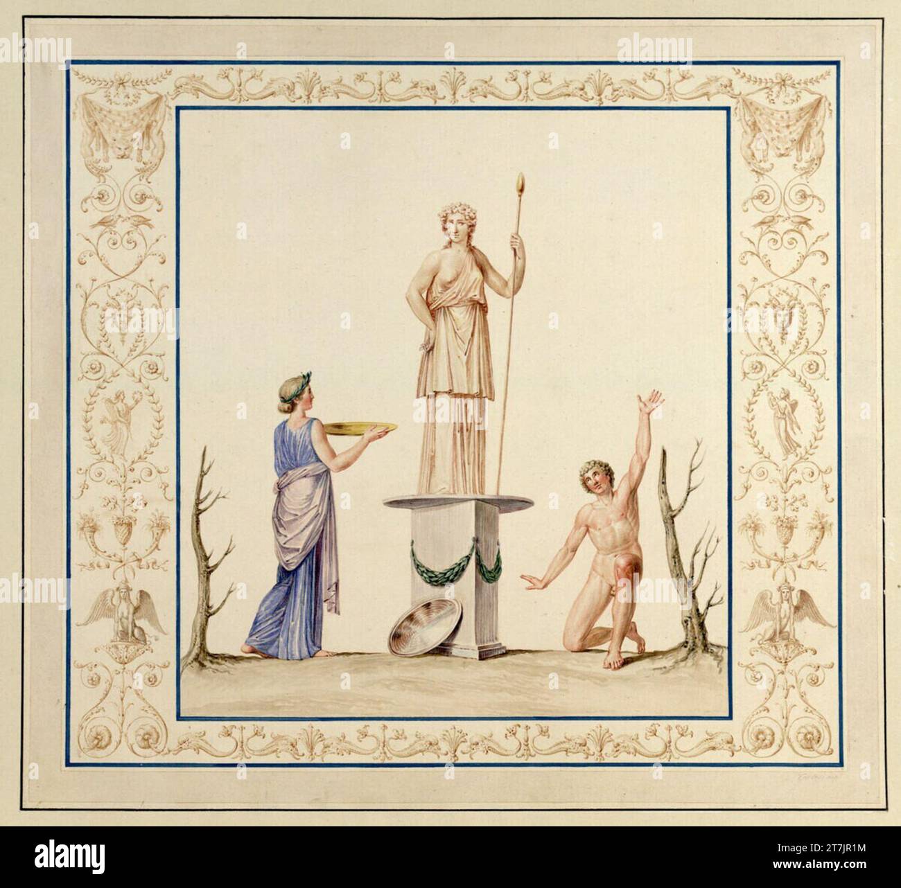 Vincenzo Brenna tableaux d'illustration sur le grand groupe folio 'Vestigia delle terme di Tito e loro images internes' : victimes devant une statue. Aquarelle, couleurs de couverture autour de 1780 Banque D'Images