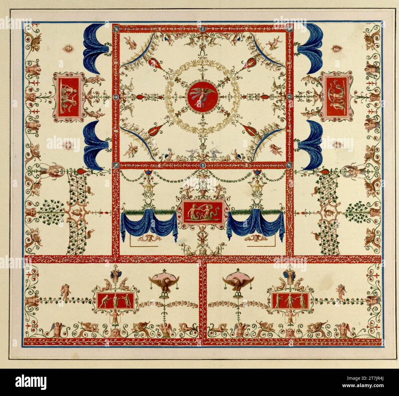 Vincenzo Brenna tableaux d'illustration à la grande bande folio 'Vestigia delle terme di Tito e Loro images internes' : plafond avec drapé bleu. Aquarelle, couleurs de couverture autour de 1780 Banque D'Images