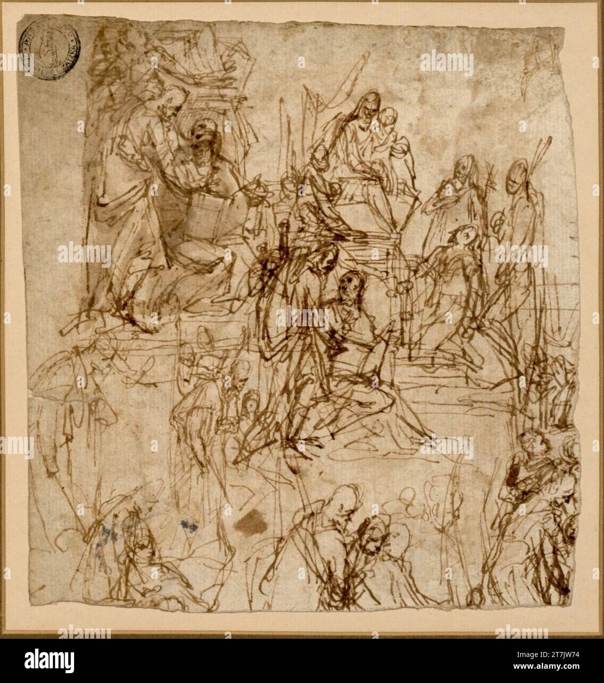Alessandro Magnasco Madonna intronisée de saints et autres figures. Encre, plume Banque D'Images