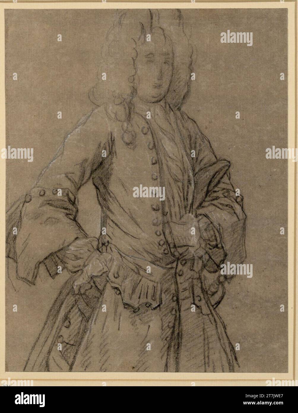 Alessandro Longhi cavalier debout, le chapeau sous le bras gauche (genou). Craie ; blanc ; papier brunâtre Banque D'Images