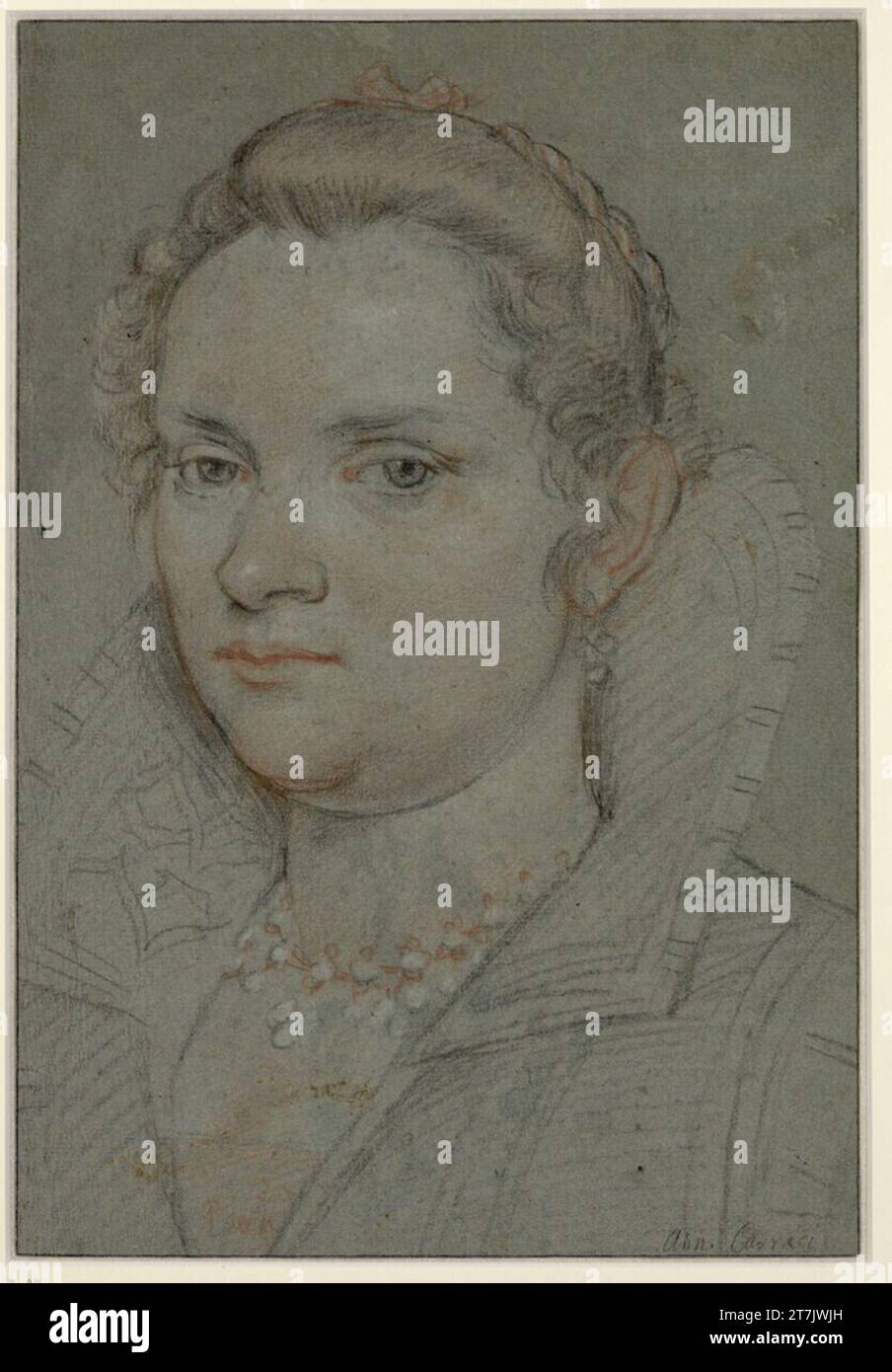 Agostino Carracci Portrait d'une noble dame avec collier et col debout. Craie, rougeâtre, blanc rehaussé, sur papier bleuâtre Banque D'Images