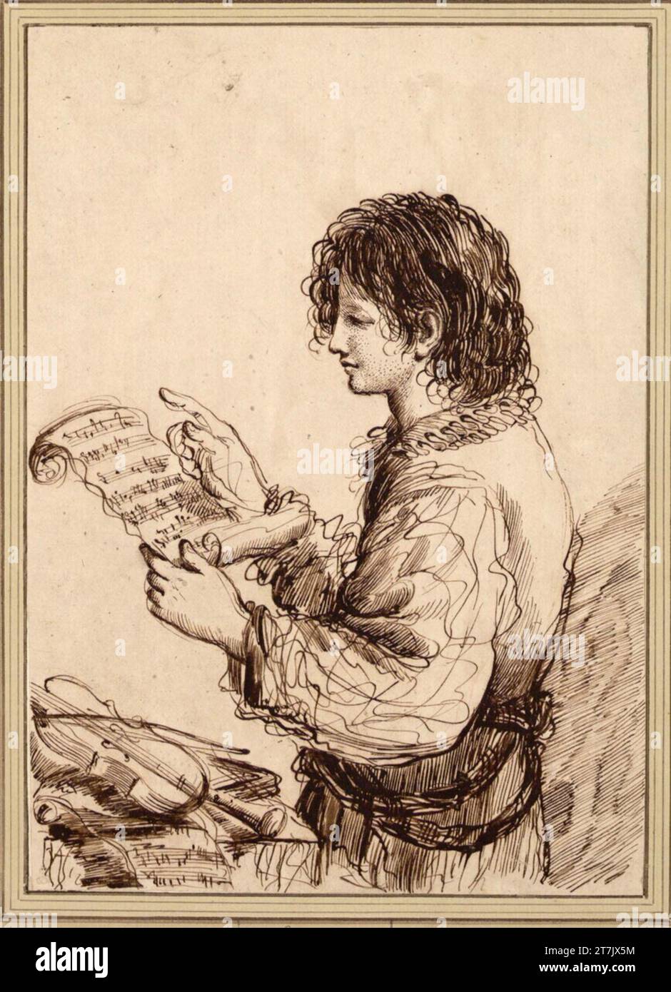 Anonyme Un jeune homme en demi-figure dans le profil à gauche étudie une feuille de musique enroulée ; il y a un violon, une flûte et un rôle musical sur une table devant lui. Encre, plume Banque D'Images