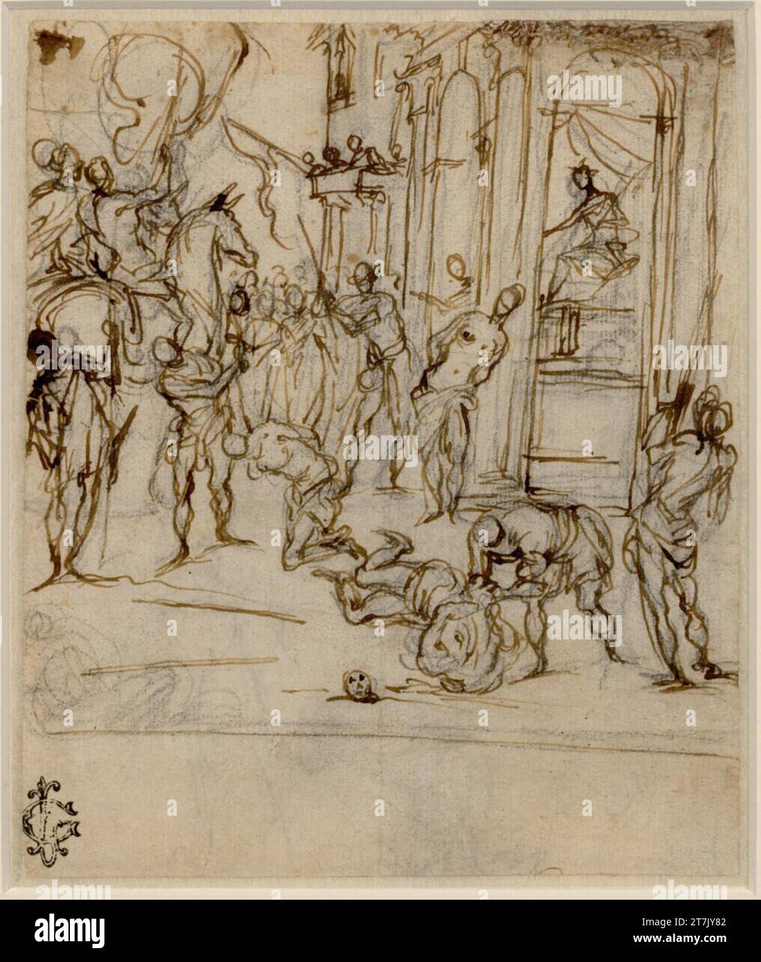Alessandro Maganza Martyrs scène dans la ruelle devant un Palazzo. (Les gens sont descendus de Häschern à cheval et à pied ; les spectateurs dans le bâtiment à droite, un assis, les autres sur le balcon, dans la fenêtre et la porte). Craie ; plume ; Rev. : Craie Banque D'Images