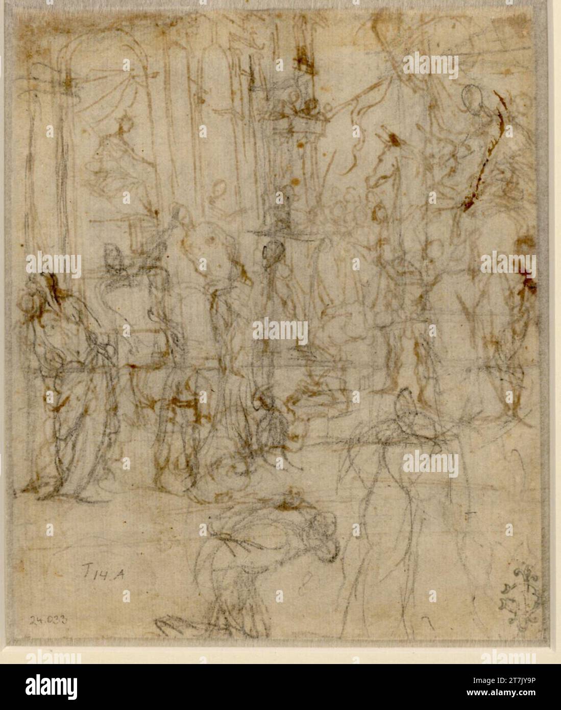 Alessandro Maganza étudie la scène martyre dans la ruelle devant un Palazzo. (Les gens sont descendus de Häschern à cheval et à pied ; les spectateurs dans le bâtiment à droite, un assis, les autres sur le balcon, dans la fenêtre et la porte). Craie Banque D'Images