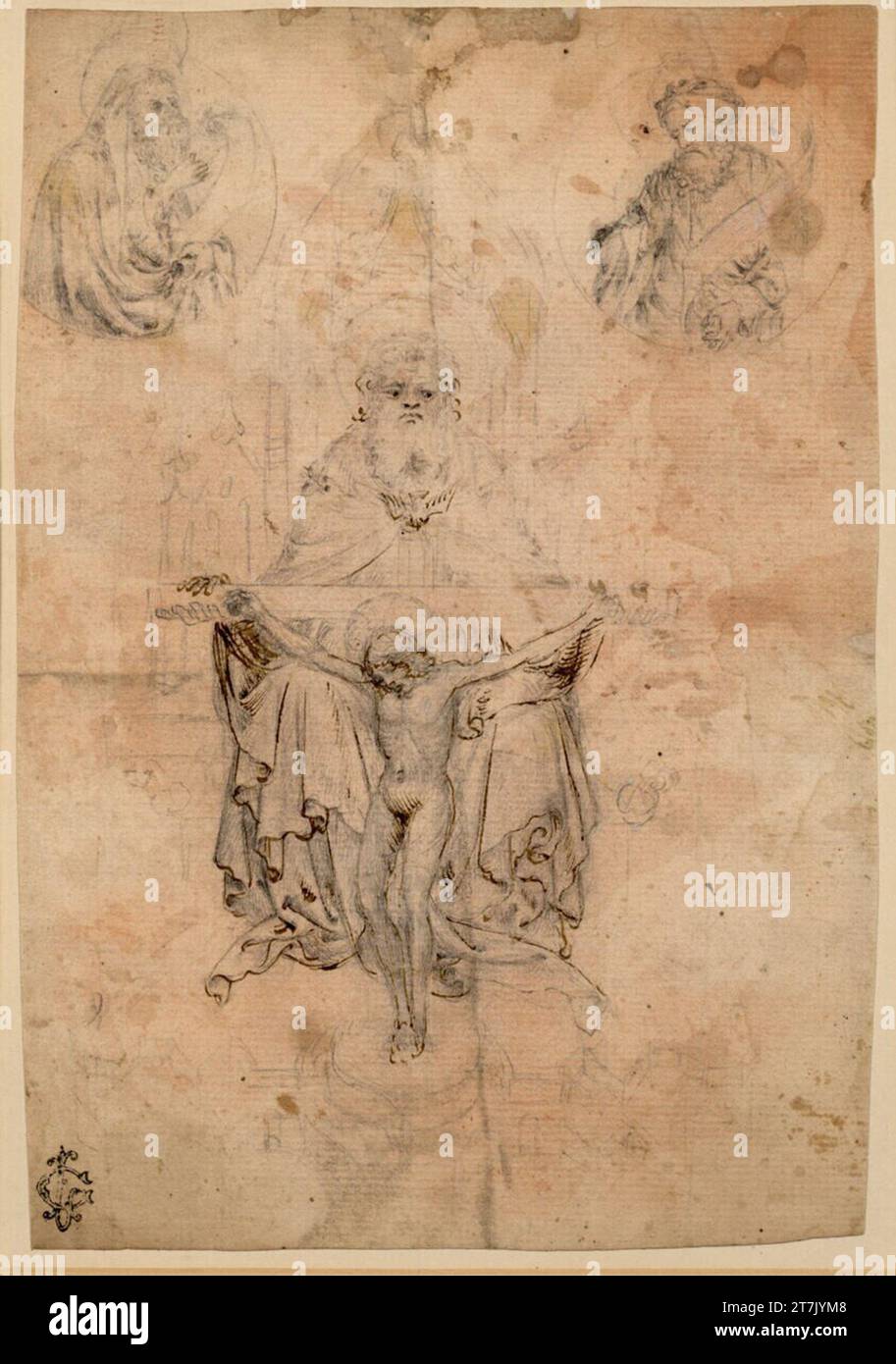 Stefano di Giovanni da Verona Mercy chaise, la trinité sacrée et deux médaillons avec des demi-figures de prophètes en médaillons. Stylo argenté ; plume ; apprêt teinté rougeâtre Banque D'Images