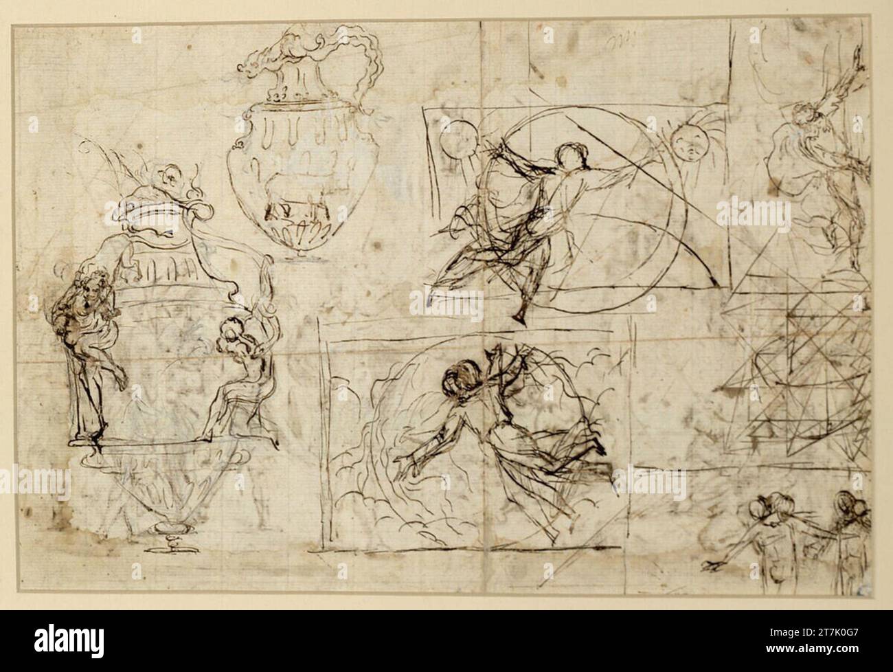 Giacinto Brandi deux croquis de vase ; cinq études de figures ; parmi eux : Gottfather sépare la lumière de l'obscurité. Plume Banque D'Images