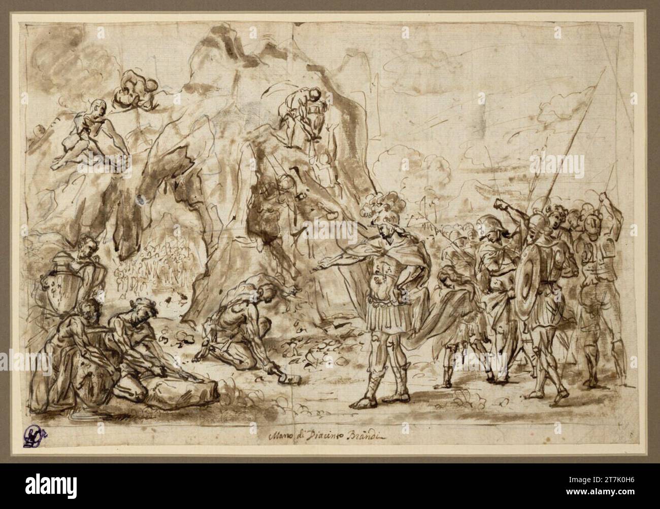 Giacinto Brandi Fiche d'étude. Antique habillé général avec entourage accorde les gens avec des vaisseaux sur un rocher ; vue d'une foule derrière le rocher. Craie ; plume ; lavée Banque D'Images