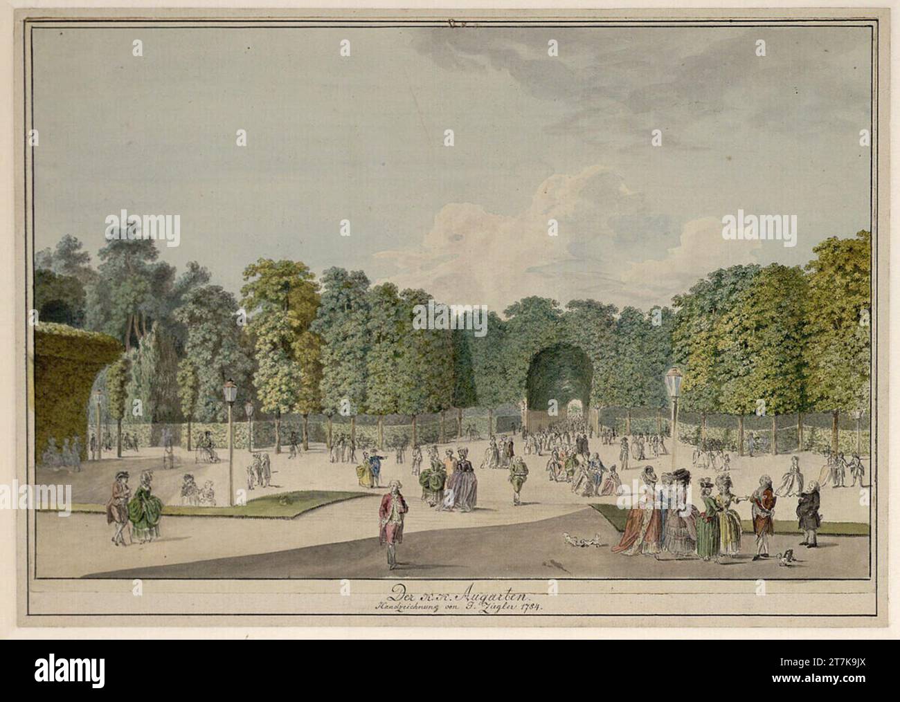 Johann Ziegler le K.K. Augarten. Vue contre la Seufzer-Allee. FEDER en gris, aquarelle 1784, 1784 Banque D'Images