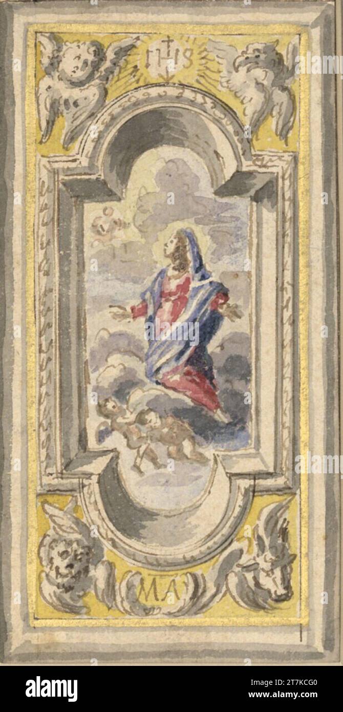 Pierre Paul Sevin dessin au plafond avec Freskenfeld (Mariae de l'Ascension Day). FEDER en brun, pinceau, gris-lavé, aquarelle zwischen 1689 und 1698 Banque D'Images