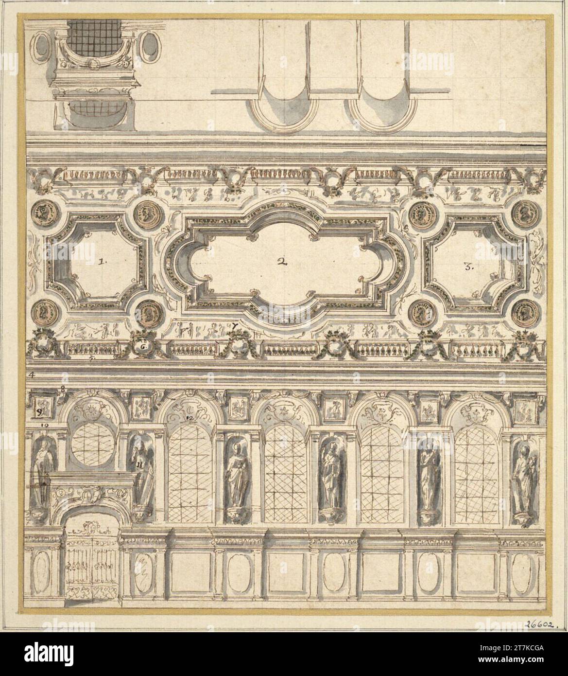 Pierre Paul Sevin dessin mural et plafond. FEDER en brun, gris et brunâtre lavée, grille en craie noire zwischen 1689 und 1698 Banque D'Images