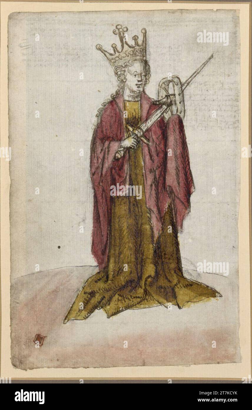 Anonym Sainte Katharina. FEDER à l'encre grise -brune, aquarelle violette, jaune et brune, traces d'un signe à la craie noire 1441-1442 , 1441/1442 Banque D'Images