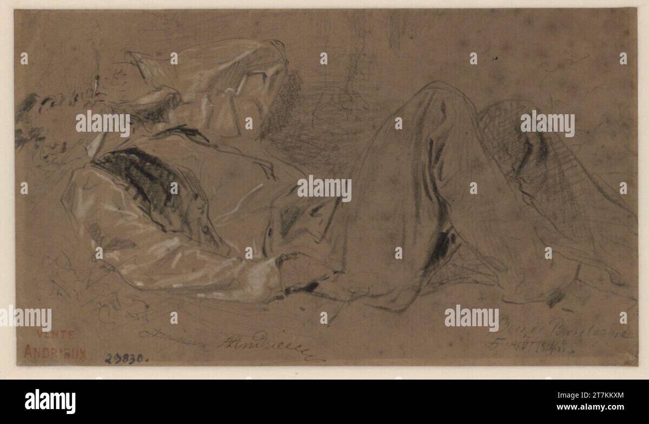 Clément-Auguste Andrieux couché, fumeur. Noir, craie blanche, traces rougeâtres, sur papier fortement bruni ; dégâts d'eau à l'Eckern 1848 , 1848 Banque D'Images