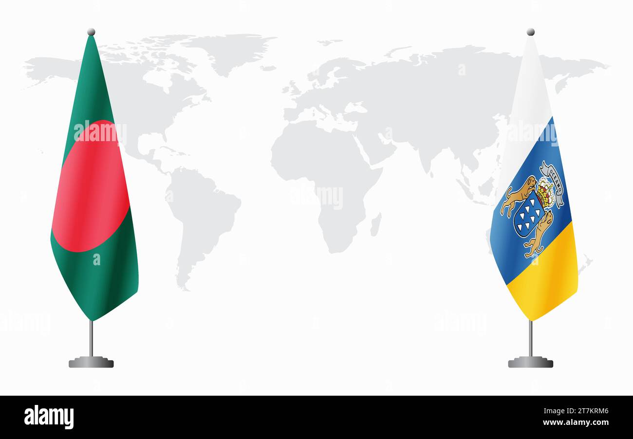 Drapeaux du Bangladesh et des îles Canaries pour réunion officielle sur fond de carte du monde. Illustration de Vecteur