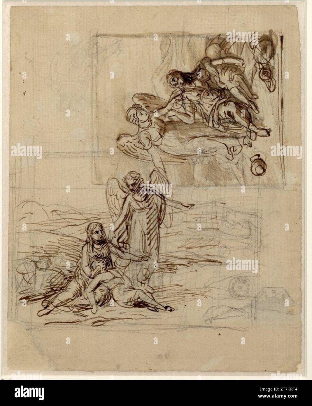 George Francis Joseph études par Hagar et l'ange. Crayon, craie noire, printemps à l'encre brune, lavée Banque D'Images