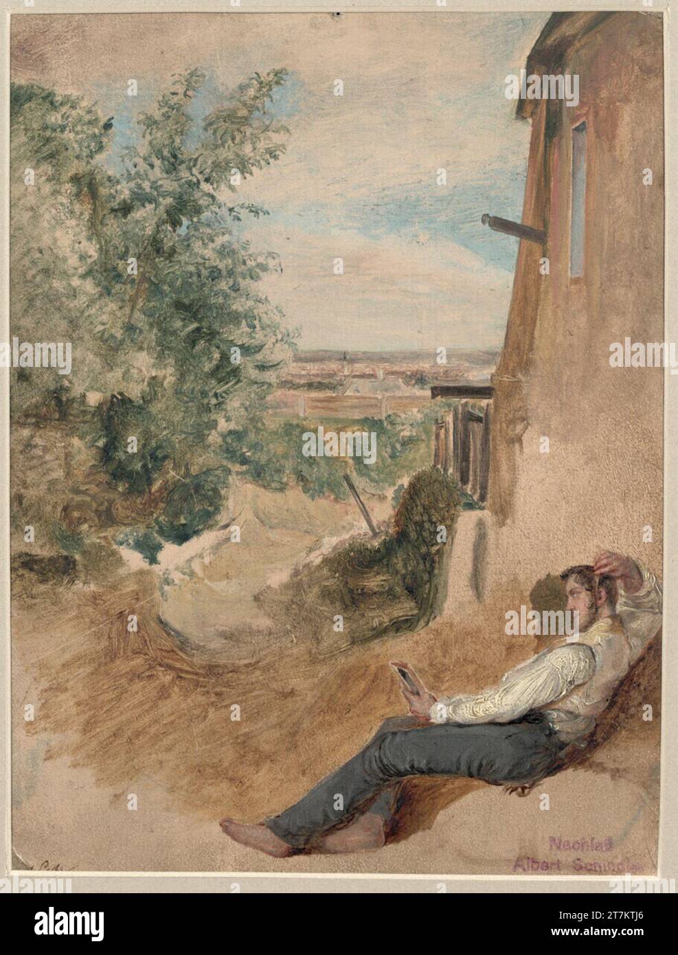 Albert Schindler vue de la ville en arrière-plan, couché sur le côté droit du sol sur le mur de la maison, un homme peigneur se penche dans les manches de chemise. huile Banque D'Images