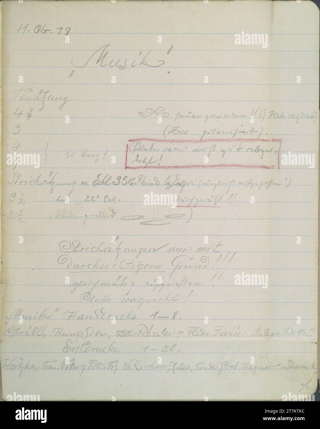 Richard Teschner Notes sur la gravure de «musique» et liste avec les noms des collectionneurs des estampes préférées. Crayon ; crayon de couleur rouge 11. Oktober 1918 (Sketchbook : 1915-1947) Banque D'Images