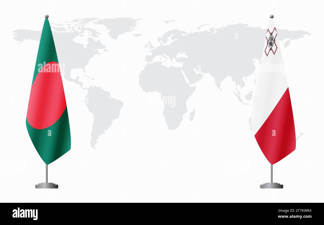 Drapeaux du Bangladesh et de Malte pour la réunion officielle sur fond de carte du monde. Illustration de Vecteur