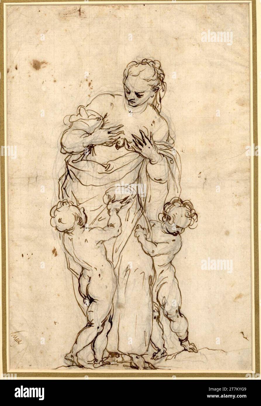 Alessandro Maganza Allegory de Caritas. Manche en plomb ; plume ; bouché Banque D'Images