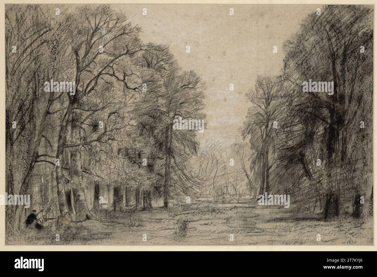 Louis Nicolas Cabat deux chasseurs dans la forêt de Fontainebleau. Craie noire, charbon, rehaussée de craie blanche, sur papier teinté de lys 1834 , 1834 Banque D'Images