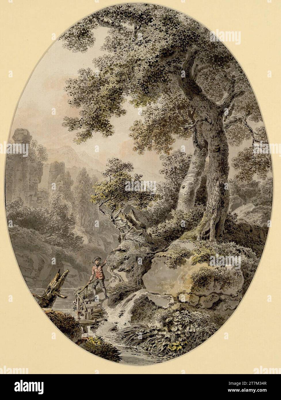 Balthasar Anton Dunker Paysage avec deux chênes, des ruines et des gars migrants sur la rive de la rivière. Plume et pinceau en noir et gris, laviobied, aquarelle, lavage à la craie rouge, sur traces de crayons ; ligne de bordure noire vers 1800 Banque D'Images