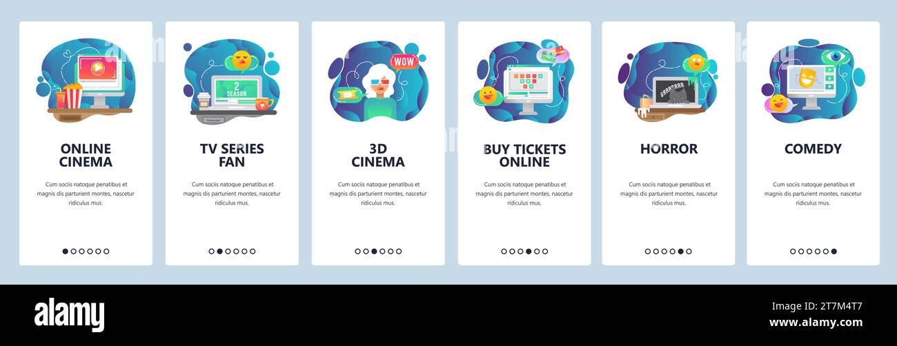 Écrans d'intégration des applications mobiles. Cinéma en ligne, billets de cinéma, lunettes 3D, séries télé. Modèle de bannière de vecteur de menu pour le développement de site Web et mobile. Nous Illustration de Vecteur