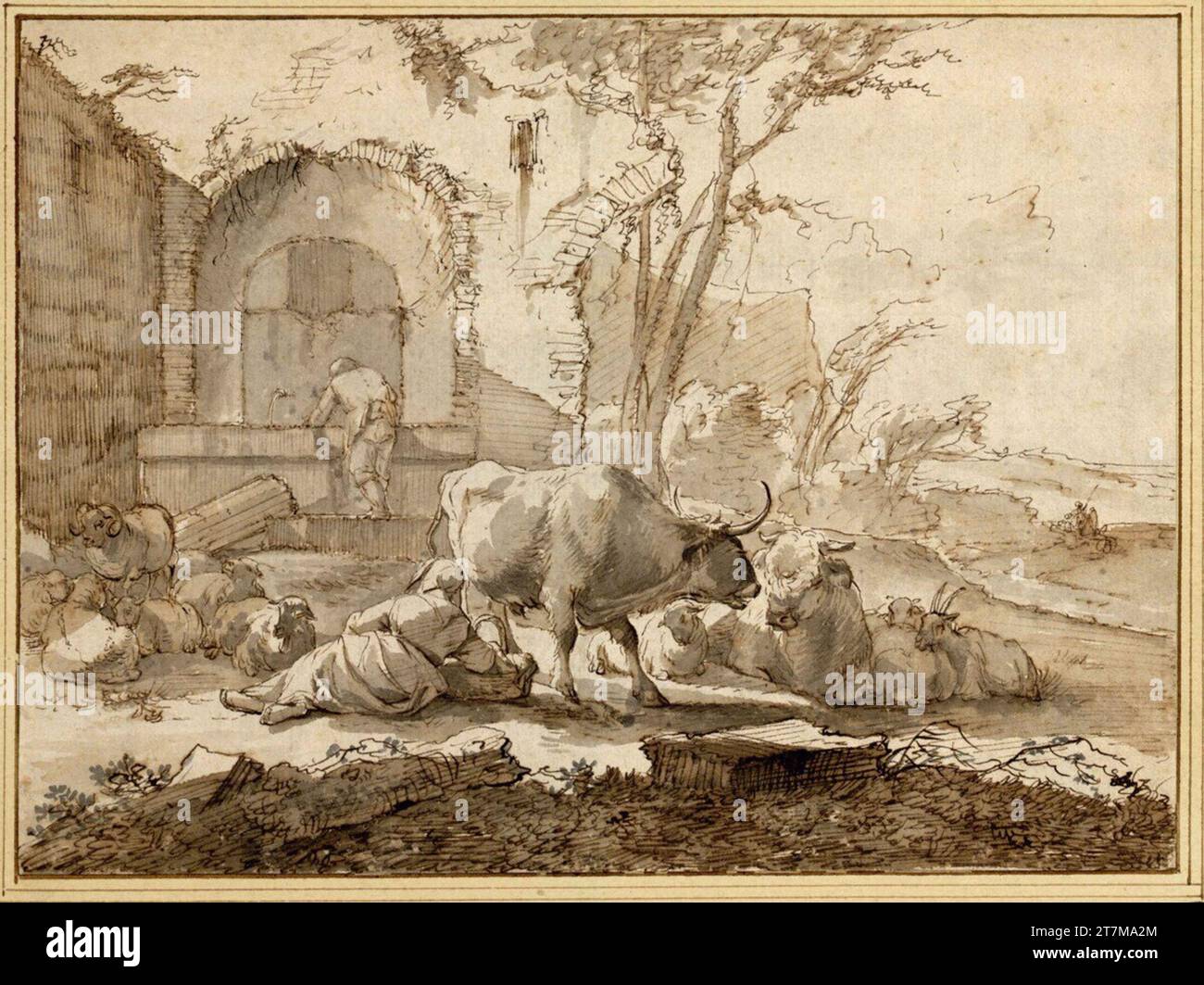 Johann Heinrich Roos Shepherd paire avec le troupeau à l'ombre du système de fontaine d'une ruine. FEDER en brun avec brun et grisavings 1663 , 1663 Banque D'Images