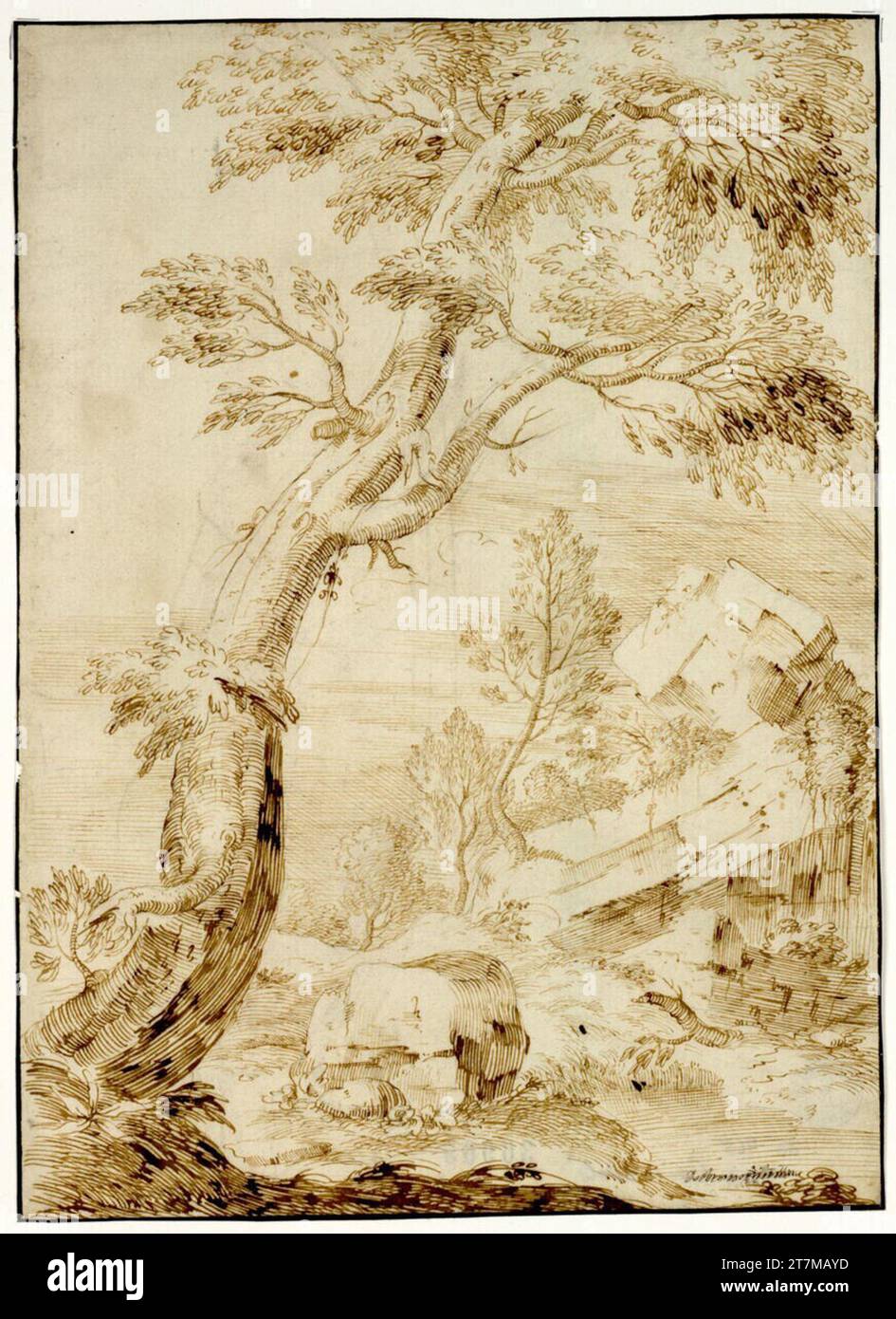 Marco Ricci Paysage d'arbre avec des dalles de roche. Encre, plume Banque D'Images