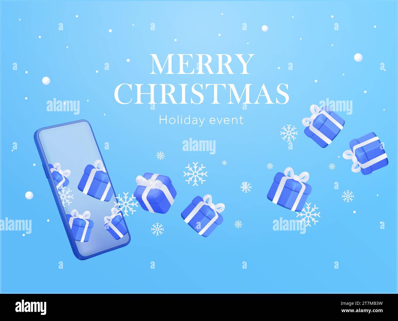 modèle de bannière cadeau de noël joyeux 3d avec des boîtes-cadeaux volant hors du smartphone, flocon de neige. Carte-cadeau pour événement promotionnel spécial. boîtes-cadeaux de noël rendues en 3d. Illustration vectorielle. Illustration vectorielle Illustration de Vecteur