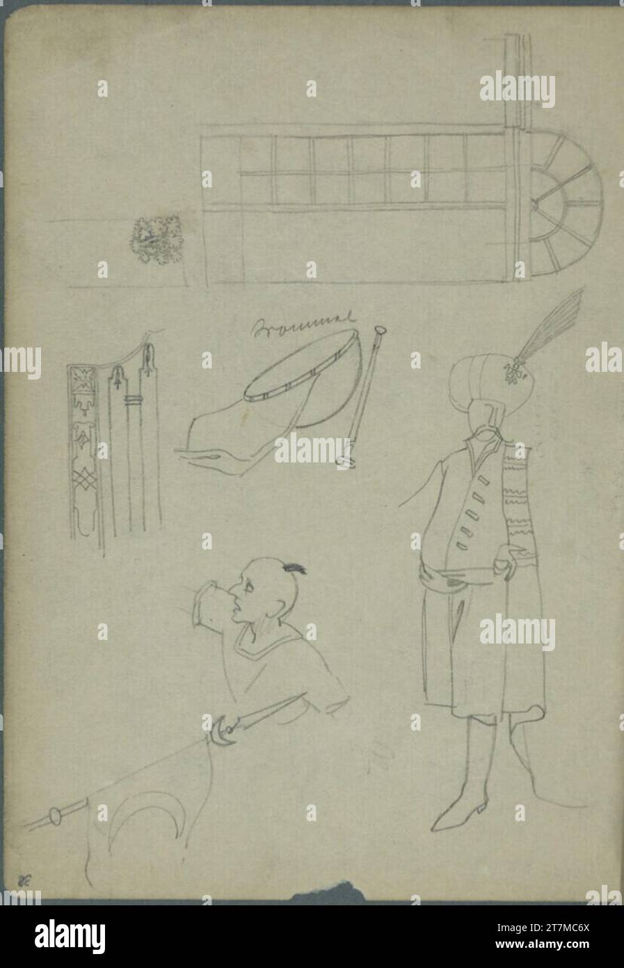 Franz Wacik esquisse d'un déficit de construction ; esquisse d'un ottoman, d'un tambour, d'un drapeau ; esquisse partielle d'une figure (partiellement tête debout). Crayon 1915, 1915 Banque D'Images