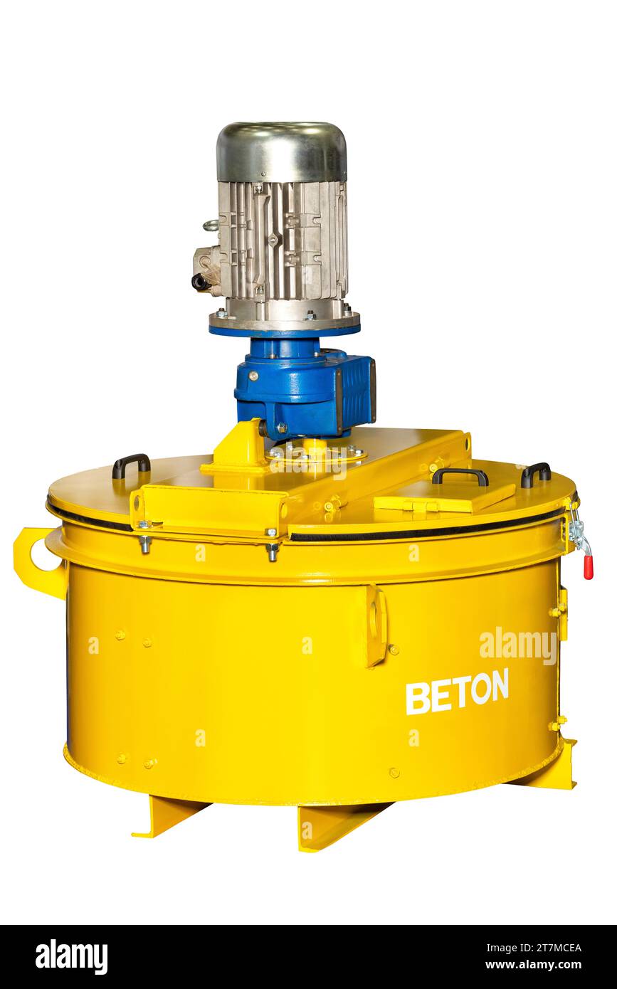 Mélangeur rotatif planétaire industriel pour la production de mélanges de béton. Isolé sur fond blanc. Banque D'Images