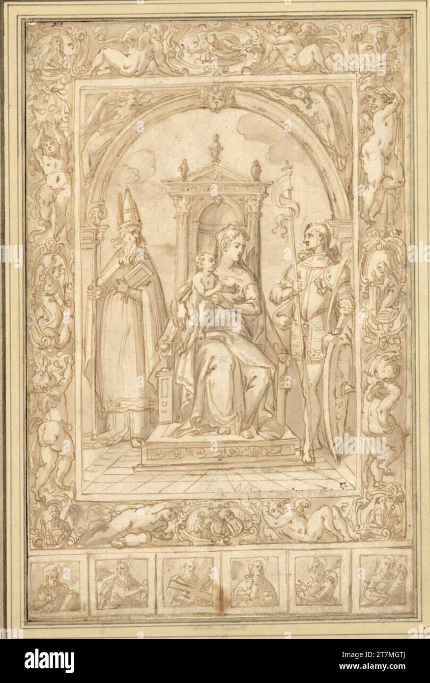 Anonyme Madonna assis entre un évêque et un martyr ; (dans les cartouches au-dessus du parrain, en dessous du Christ avec la couronne d'épine, à gauche et à droite la proclamation ; dans les coins et sous le cadre semi-figures de saints). FEDER, encre, lavée Banque D'Images