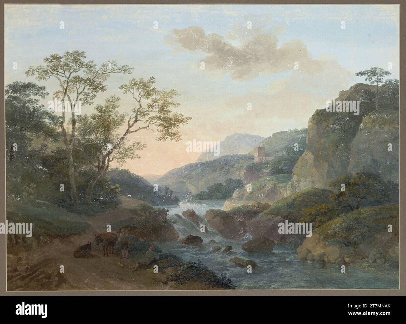 Carl Philipp Schallhas Paysage de montagne traversé par une rivière en cascade entre des morceaux de rochers. Peinture à la gouache Banque D'Images