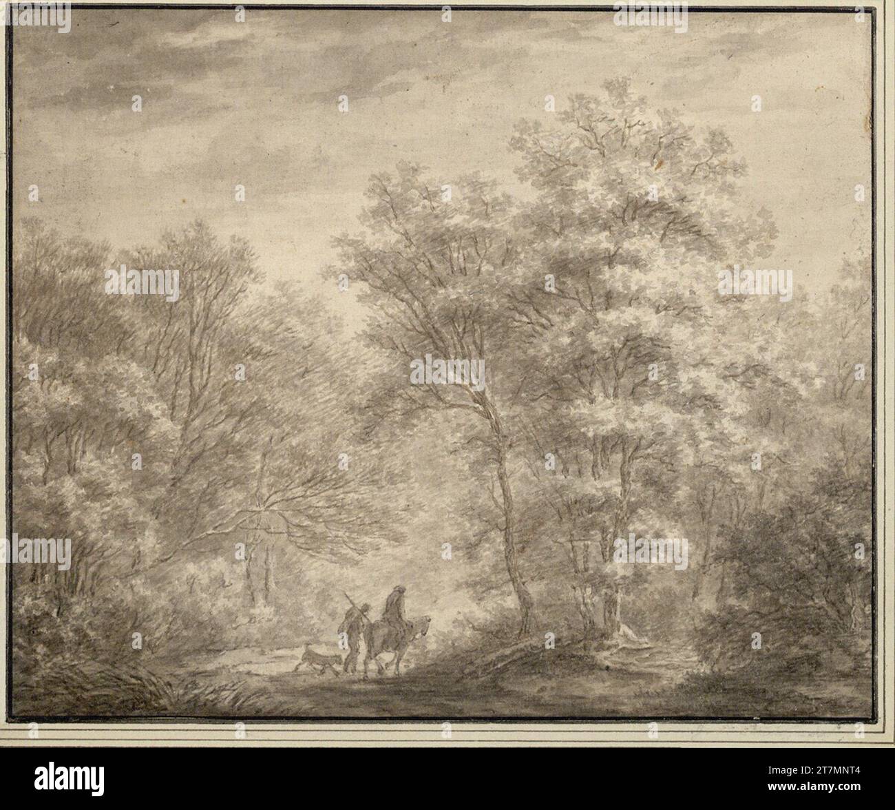 Johann Sebastian Bach Paysage forestier avec chasseurs. Stylo et pinceaux en brun, gris lavés, sur des traces de crayons ; ligne de bordure noire 2. Hälfte 18. Century Banque D'Images